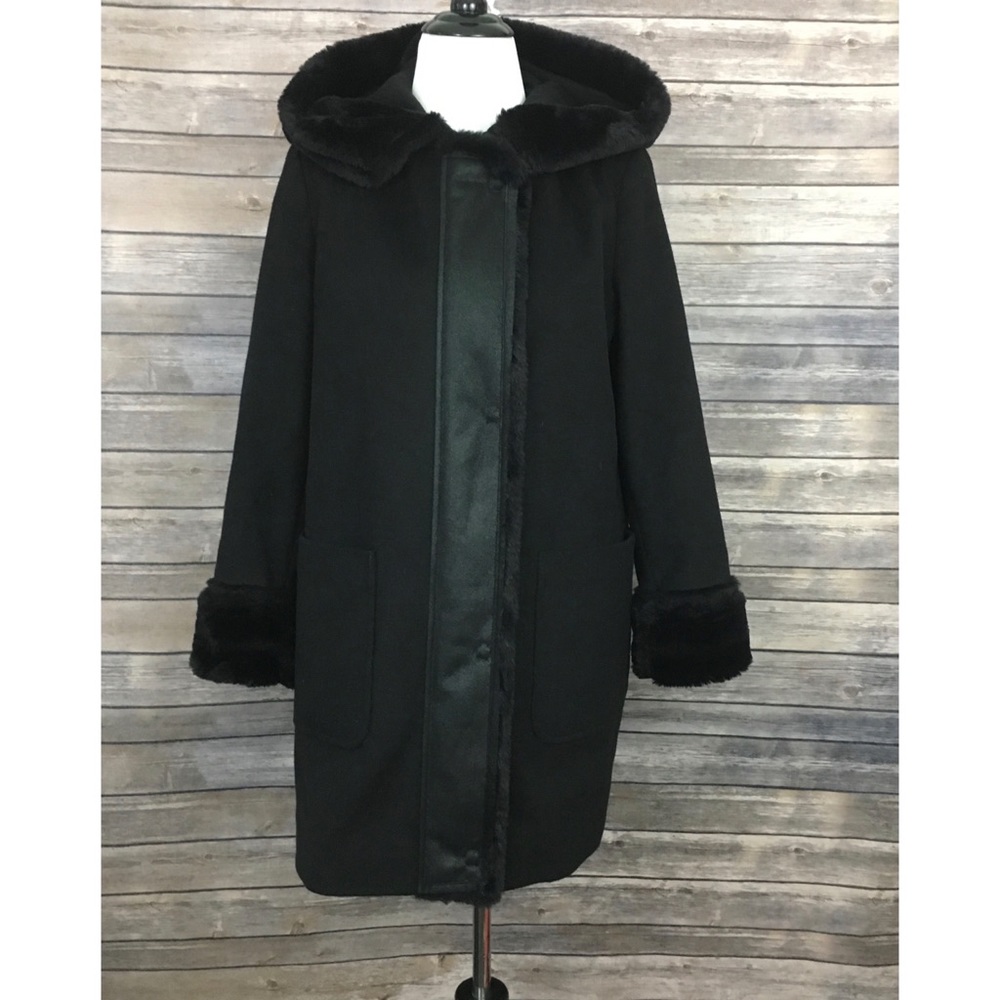 DKNY Hooded Faux Fur Wool Blend Coat - Picture 3 of 8